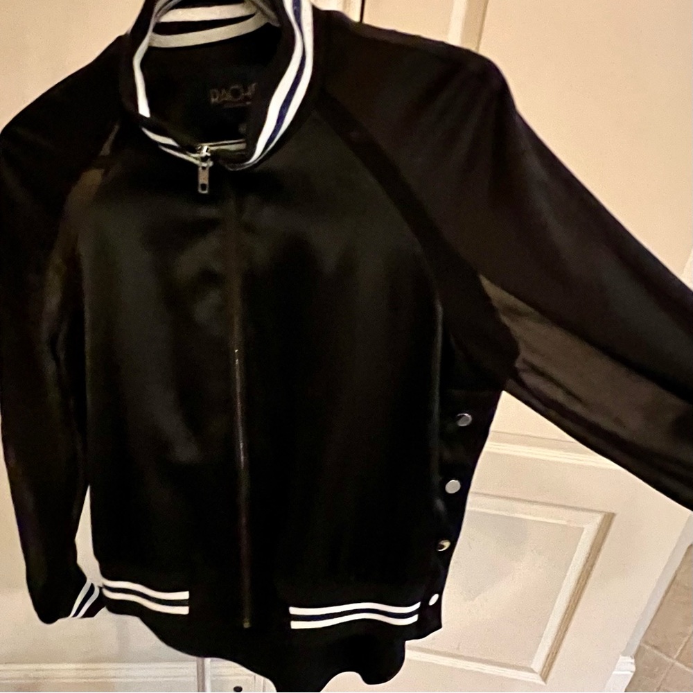 Rachel Roy-Size S, Black Satin, Lightweight Jacket. Sheer sleeves and tailback